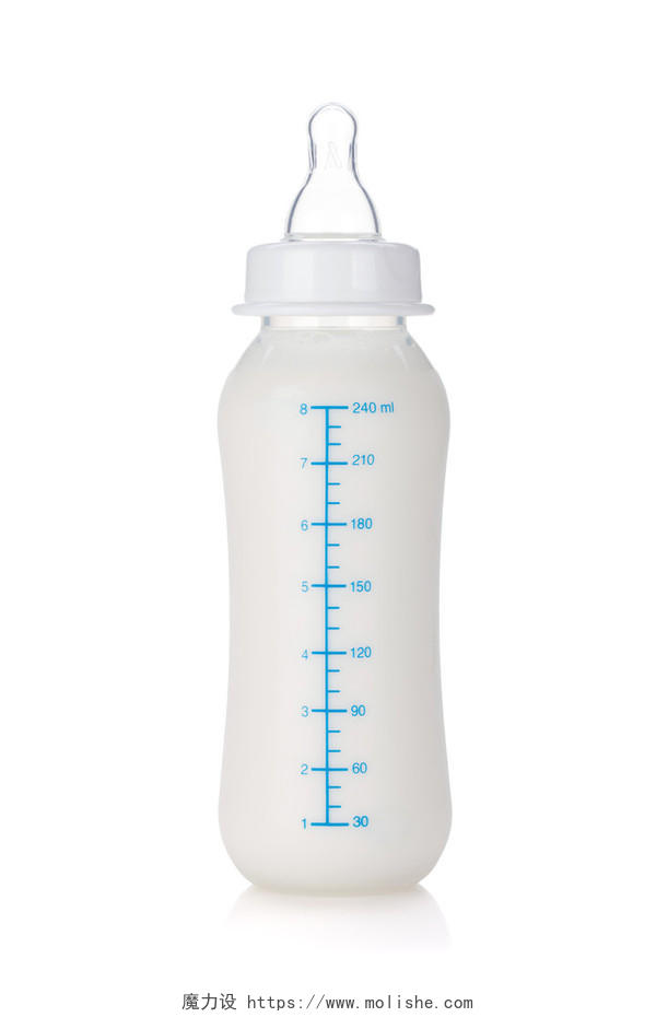 婴儿奶瓶的用牛奶在白色背景上孤立